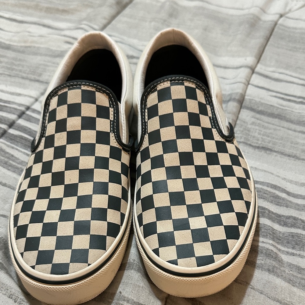Vans Men's Dark Green and Cream Checkerboard Slip-On Sneakers
